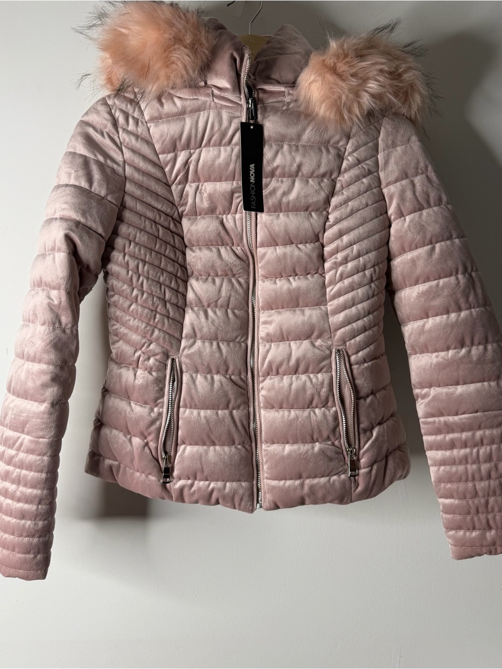 Fashion Nova Blush Quilted Puffer Jacket with Faux Fur Trim